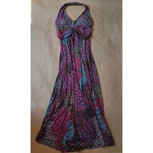 Shoreline Maxi Dress Womens L/XL Halter Smocked Back Pink Paisley Beach Artsy